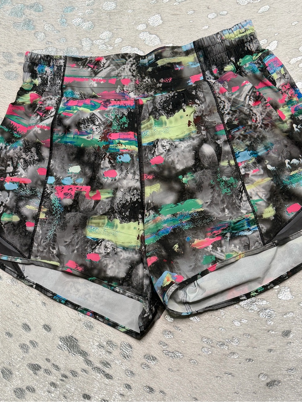 lululemon athletica Black Athletic Shorts with Neon Brushstroke Print
